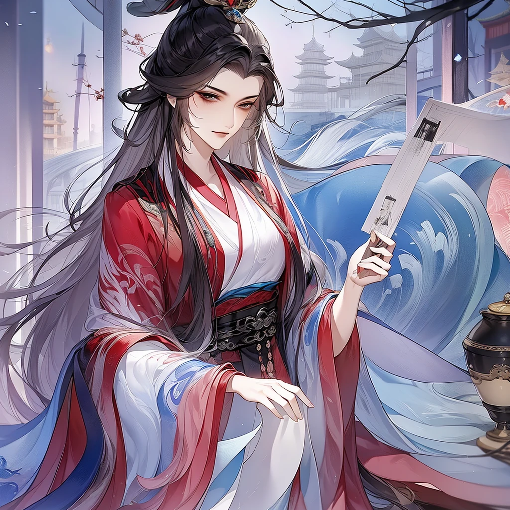 best qualtiy，tmasterpiece，highly detailed wallpaper，1 beauty、pretty eyes，Character standing drawing，female focus，brunette color hair，long whitr hair，Kingly temperament，The Royal Palace of Asian Architecture，详细的脸，gorgeous hair accessory，Blue clothes，brunette color hair，looking at viewert，Hanfu，超高分辨率，Red pillars，sketching，ink wash style，