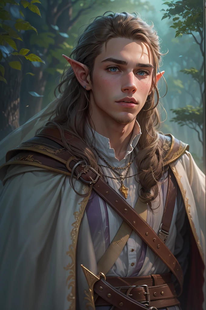 Teenage male, Half elf, wizard, Triangle shaped face with the nose, lips and cheeks of Austin Butler. He is 5 feet 9 inches tall, has golden brown upturned eyes and long light brown hair worn in a half ponytail. Teagan is wearing White adventuring robes with blue trim, Casting an ice spell, defending a wagon. Dark misty forest background. A medieval artwork for RPG