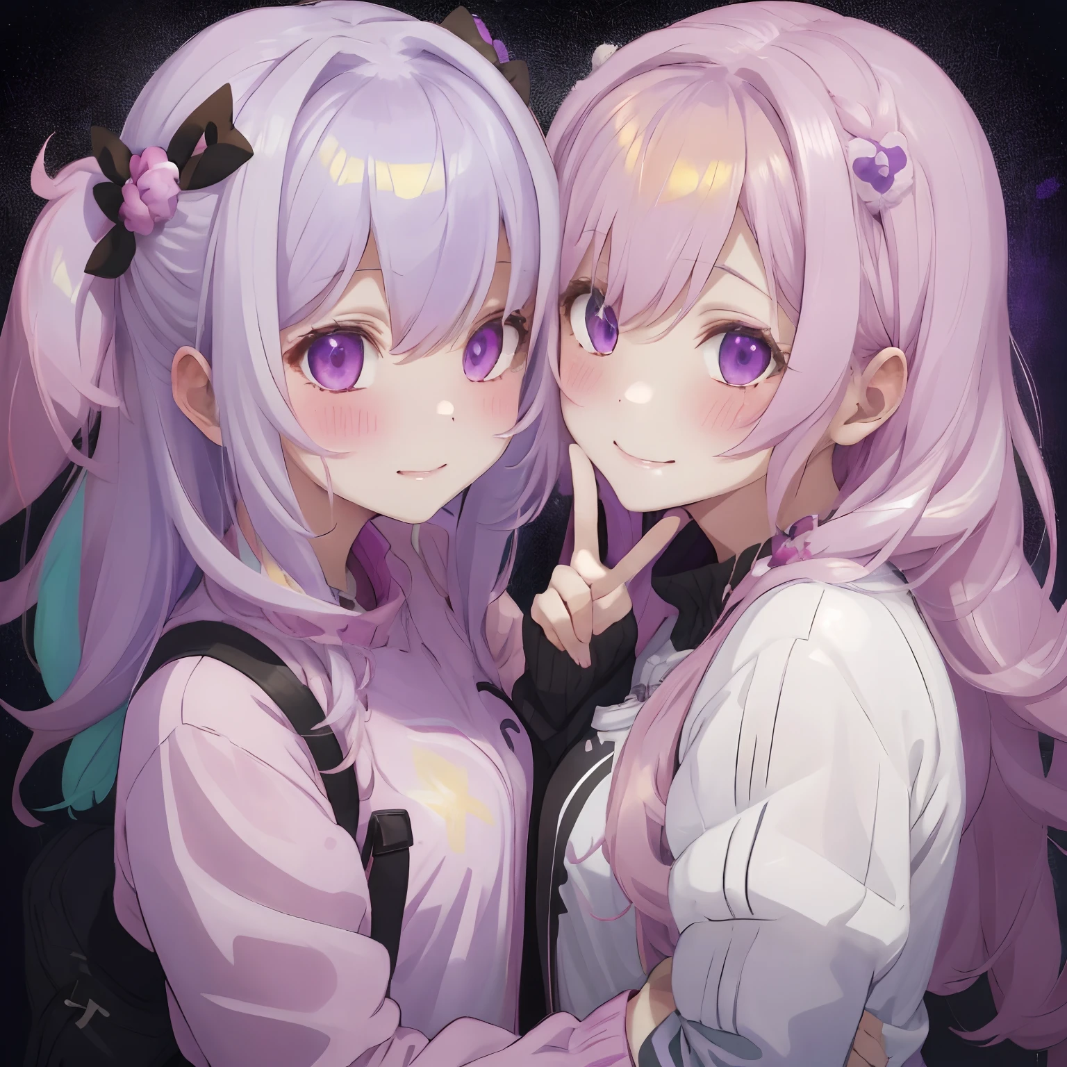 Two girls standing side by side,Two Peace Signs,Matching clothes are designed,Clothes look in pairs,fluffy hair,white, Pink, Blonde, Silver, Light blue, Yellow-green, And purple hair,Sheer Puff Puff Long Sleeve,brown, White and yellow-green clothes,Loose socks,SEX,AHE Face,Mouth ajar,It has a lustful look,shyly smile,red tide,He blushed a little,The body is bouncing and convulsing,ecstacy,cum on,