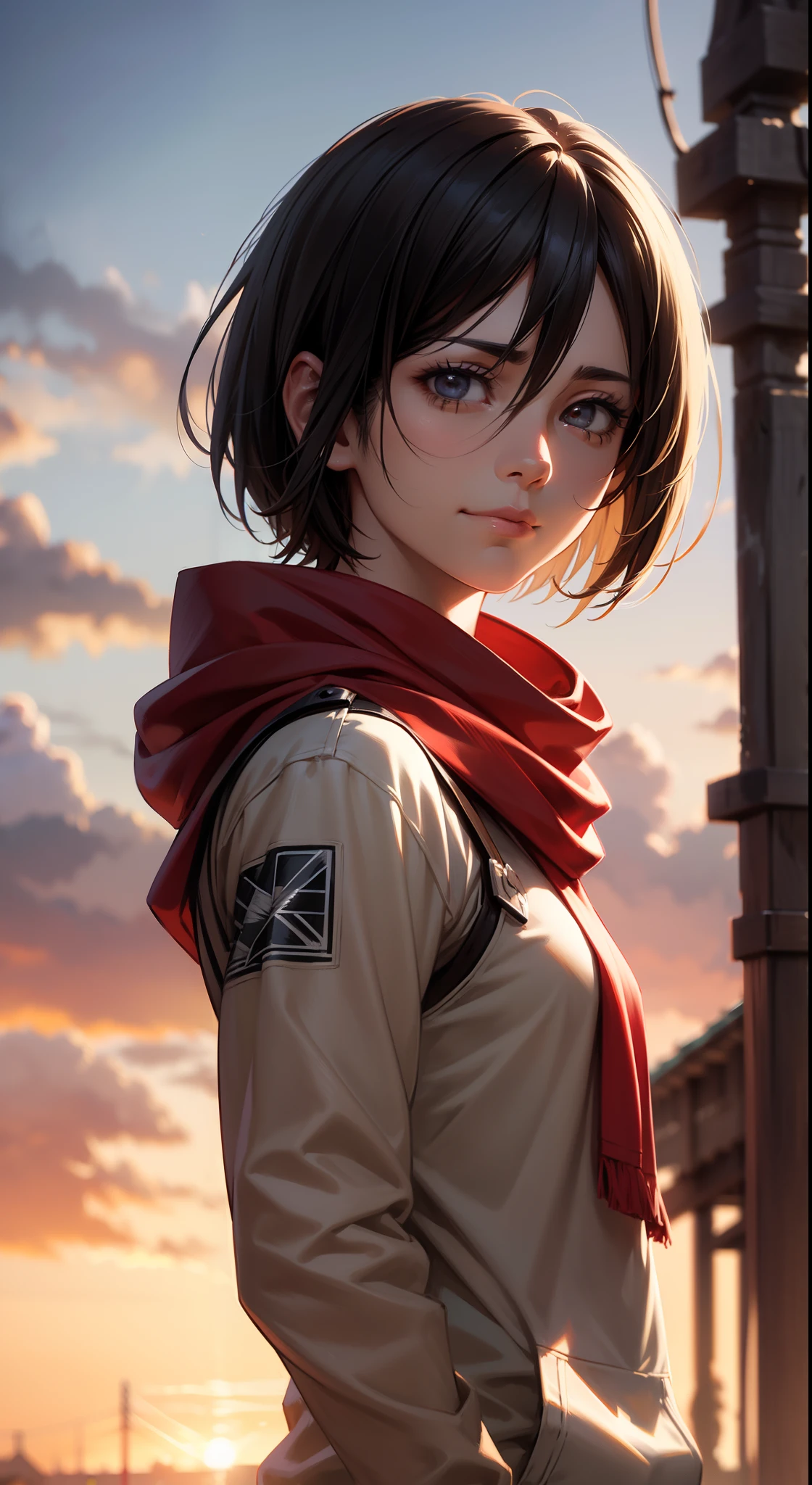 (masterpiece), (hyper realistic), Attack on Titan, upper body, Mikasa Ackerman, wearing Streetwear Hoodie, red scarf on the neck, sad smile, dinamic lighting, blurry background