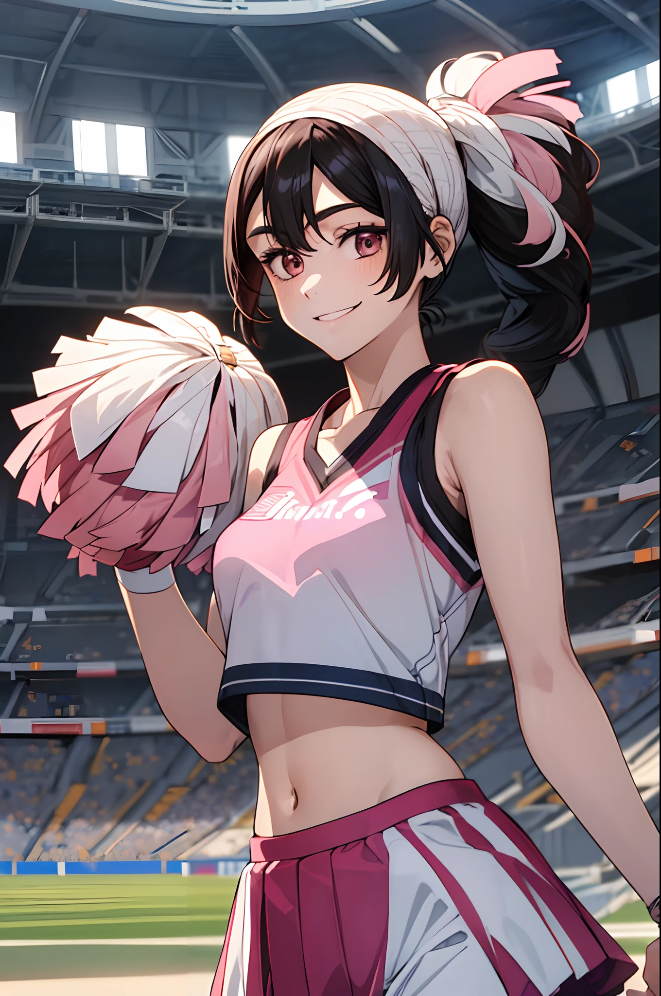 1 girl, Japanese, , White skin, Medium chest, Watching the view, (Smile:1.5), 
Beautiful detailed eyes, (Middle hair:1.4, Parted bangs, Straight hair:1.7), (Navel:1.1), Brown hair,
(Current cheerleading style in pink:1.5), Sport top exposed in the center, Arms up, Have an orange pom-pom, Jumping, 
(Beautiful scenery), during daytime, (Stadium:1.5), 
(8K, top-quality, ​masterpiece), Beautiful illustration, Cowboy Shot,