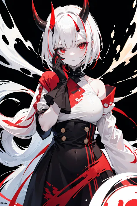 Adult woman, pale skin, standing, bust up, oni, red skin, horns, white hair, hands down, black background, simple hair, short ha...