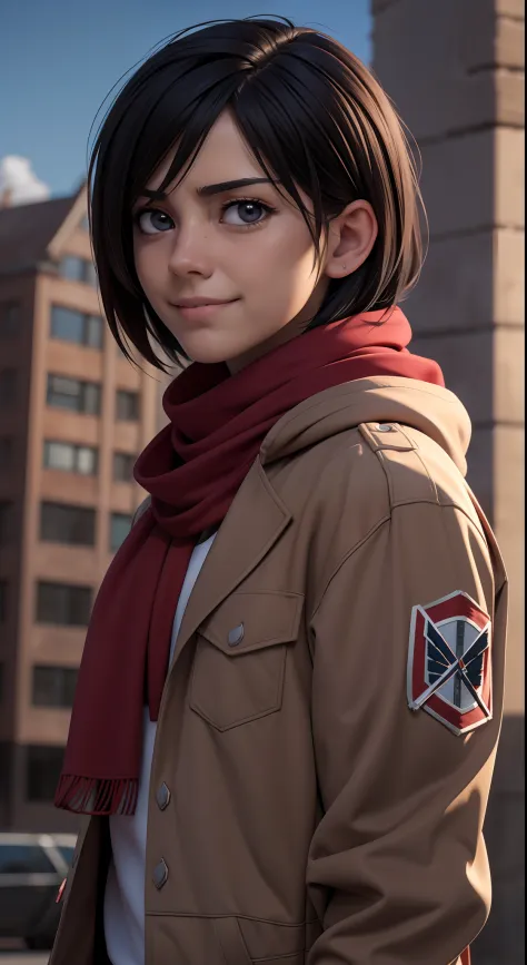 (masterpiece), (hyper realistic), Attack on Titan, upper body, Mikasa Ackerman, wearing Streetwear Hoodie, red scarf on the neck, sad smile, dinamic lighting, blurry background
