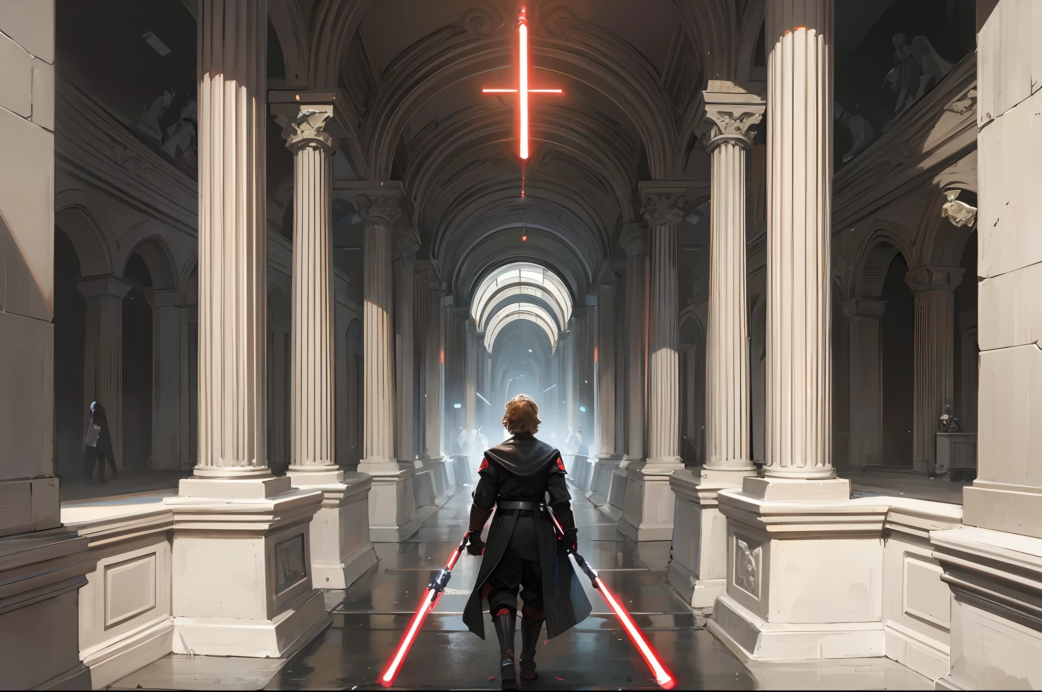 Realistic As Anakin Skywalker enters the temple, his red lightsaber illuminates the dark corridors, a symbol of his descent into darkness. The stormtroopers follow closely behind, their presence a reminder of the power and control of the Empire. --auto --s2