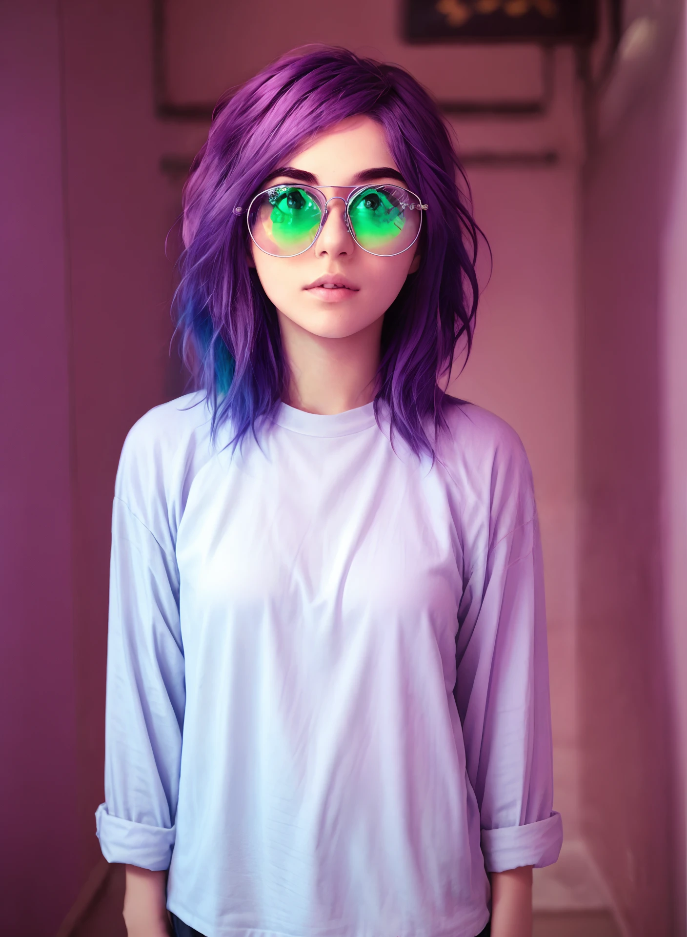 Short purple hair, girl, white skin, Purple Heart glasses, green clothes