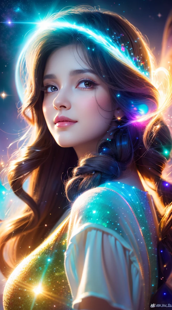 (realistic) A girl in cloud universe with shining stars and galaxy, wearing a (clean and elegant) dress, surrounded by (vibrant and colorful), light particles surround, heaven opens into the swirls of galaxy. Full body, Her (beautiful detailed) eyes and (beautiful detailed) lips. The dress is made of a light material. The girl's hair flows down in (loose and natural) curls, adding to her (gentle and carefree) appearance. She is holding a glowing orb that has swirls of colors. The overall image is of (best quality, highres) with (ultra-detailed) textures and (realistic) colors. The color palette dreamy and ethereal atmosphere. The lighting is soft, casting subtle shadows. 8k cinematic, volumetric lighting, golden ratio