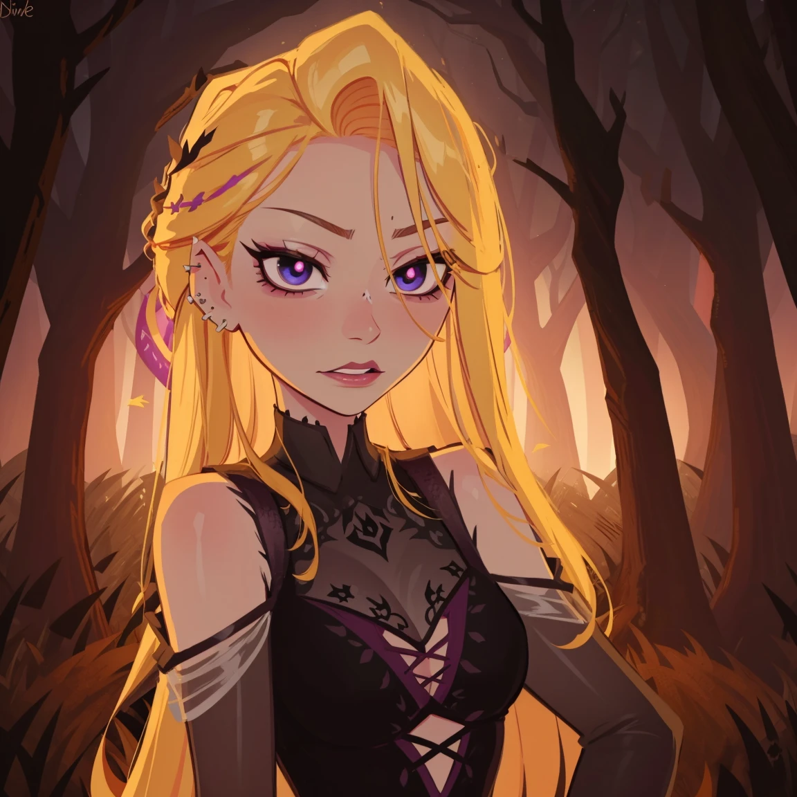 Rapunzel, autumn forest background, detailed, detailed, detailed, beautiful, detail, goth girl, masterpiece,  dark night background, gothic, goth, goth, detailed, goth girl, piercings, detailed face, looking viewer, Rapunzel, (Dark eye shadow) dark eye shadow, black eye shadow, Rapunzel