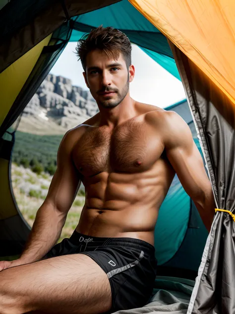 masterpiece, best quality, high resolution, closeup portrait, male focus, solo focus, a man, hiker, 30 years old, bare chest, blonde hair, dimples, pretty masculine face, seductive, attractive, cute smirk, short trimmed mustache and goatee, hairy legs, psr...