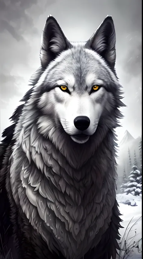 A closeup of a wolf with yellow eyes standing in the snow, grande lobo, lobo, retrato do lobo, retrato do lobo da fantasia, lobo branco, lobo peludo, alpha wolf head, Ele tem olhos de lobo amarelos, foto de lobo, lobo cinzento escuro, dire wolf, lone wolf,...