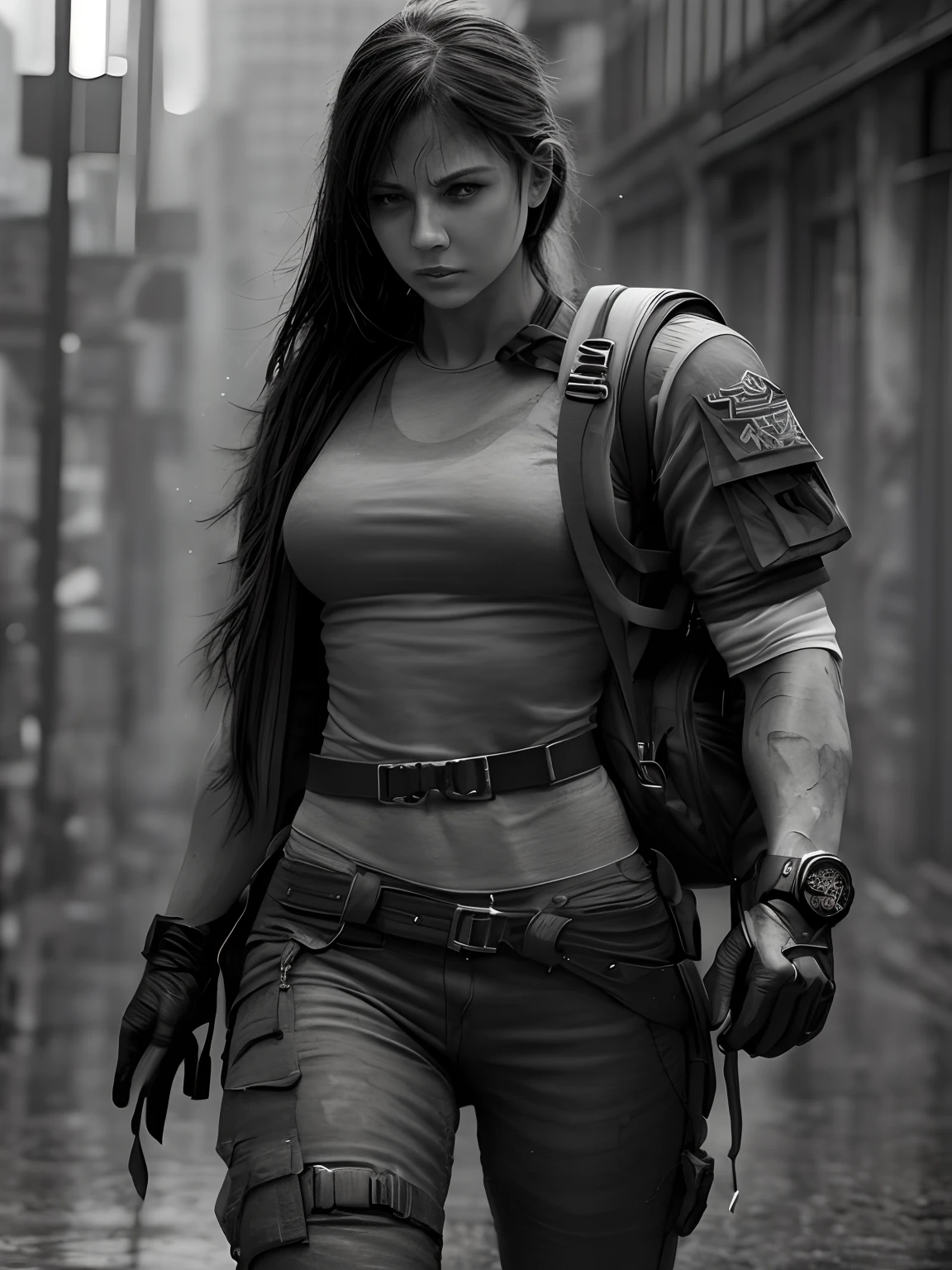 Strong muscular woman, Anger in the streets, rucksack, Epic facts, a photo of, Faded, Stuff in the mix, complicated background, soggy, Achromatic, ((((HDR)))), ((((Mute colors)))), Complex scenes, artstation, intricated details, Vignette