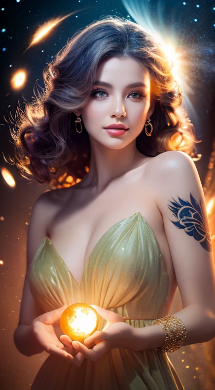 (realistic) A sorceress in a cloud universe with shining stars and galaxy, tattoo symbols surrounding her arms - glowing - wearing elegant flowing dress, surrounded by vibrant and colorful  light particles surround, heaven opens into the swirls of galaxy. Portrait scene. Her (beautiful detailed) eyes and (beautiful detailed) lips. The dress is made of a light material. The girl's hair flows down in (loose and natural) curls, adding to her (gentle and carefree) appearance. She is holding a glowing orb that has swirls of colors. The overall image is of (best quality, highres) with (ultra-detailed) textures and (realistic) colors. The color palette dreamy and ethereal atmosphere. The lighting is soft, casting subtle shadows. 8k cinematic, volumetric lighting, golden ratio