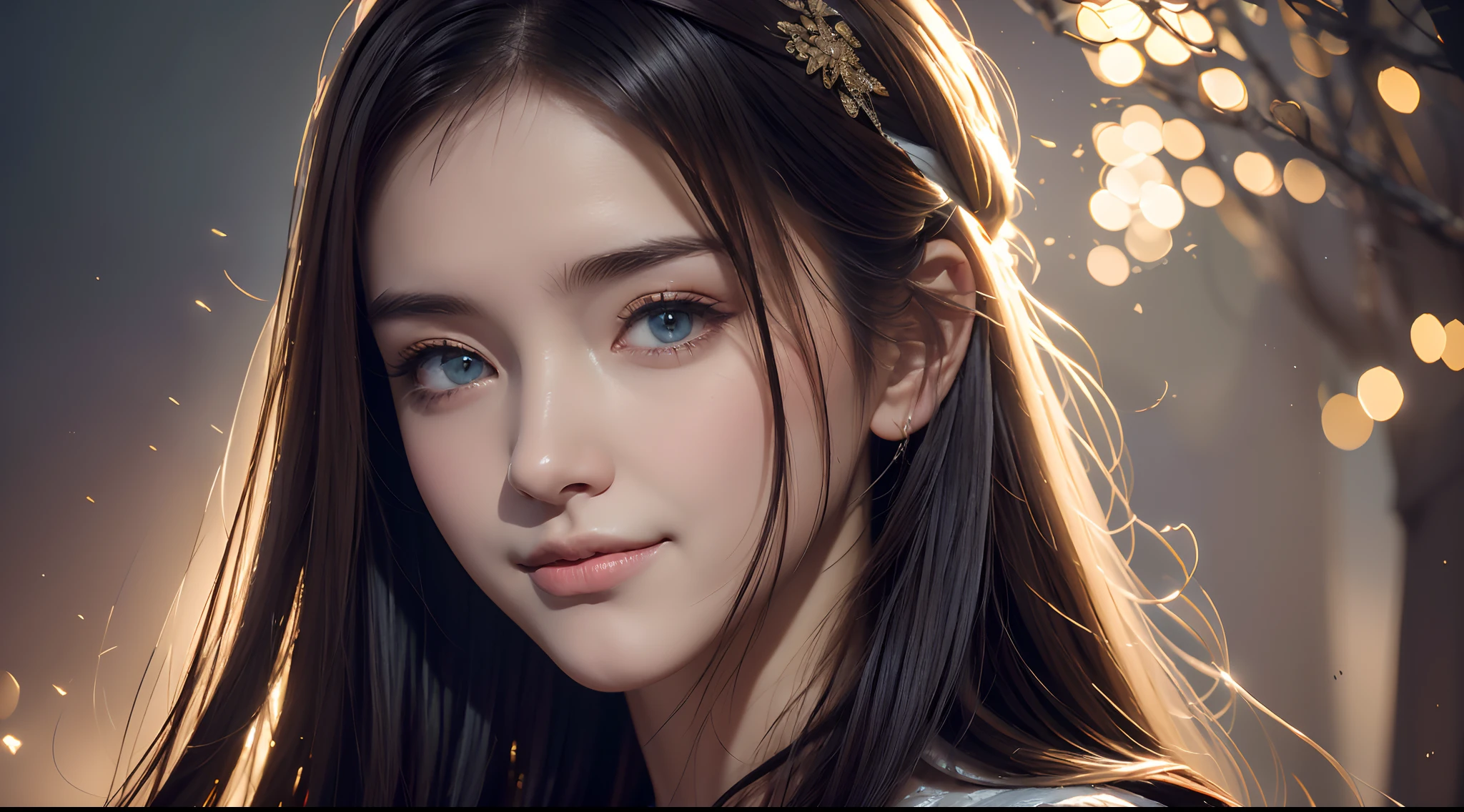 (8K, Best quality, Masterpiece: 1.2), (Best quality: 1.0), (Ultra-high resolution: 1.0), aquarelle, A beautiful woman, Smile，(shiny pupils,Blue pupils),bshoulders, Headband, Agnes Cecile, Bust portrait, extremely luminous bright design, Pastel colors, Autumn lights, Moody gray, Tenacious style Alexei Savlasov, Ivan Shishkin, Ilya Repin, (Card retouching: 1.2), 2D, (Oil painting: 1.2) Highly detailed