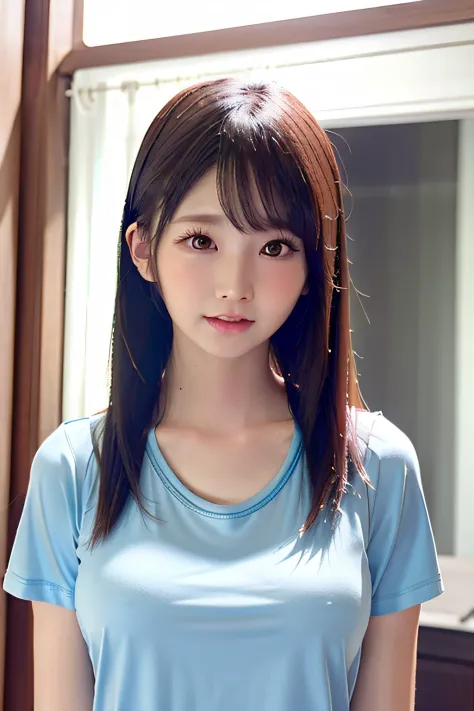 8K、top-quality、A hyper-realistic、(Photorealsitic:1.37)、hight resolution、1girl in、(tshirts:1.5)、(Floating hair:1.3)、(Skindentatio...