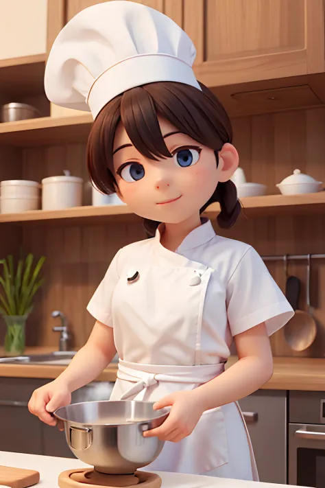 A cook, in the kitchen, white apron, white kitchen hat,