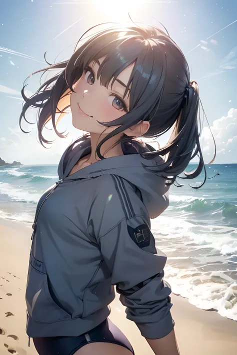 (masutepiece), (Best Quality), hyper detailed illustration，beautiful artwork，(Extreme Detail CG Unity 8K wallpaper、​masterpiece、top-quality)、(exquisite lighting and shadow、highly dramatic picture、cinematic lens effects)、Standing beach girl in grey hoodie a...