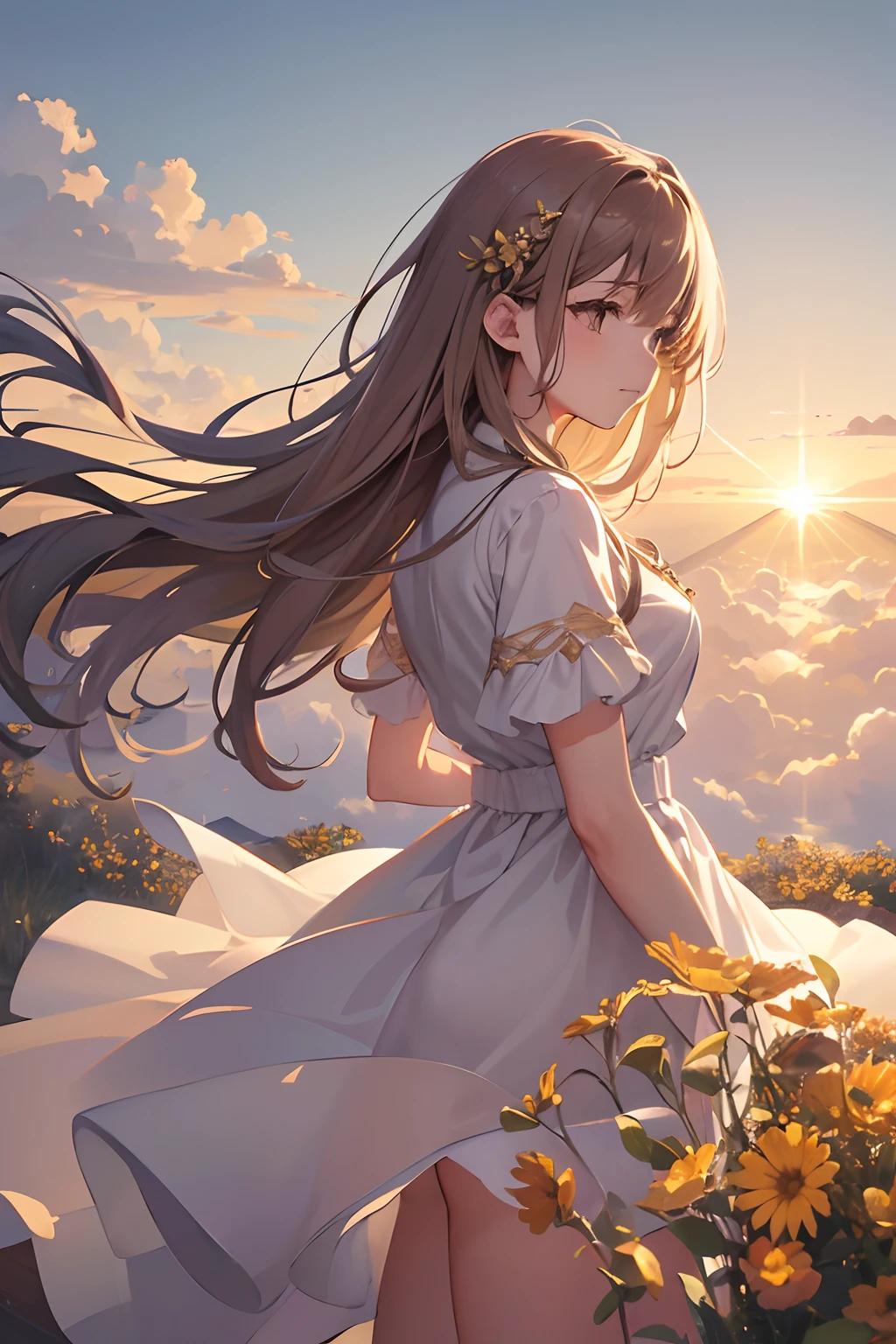 Create an illustration capturing the breathtaking view of a sea of clouds during sunrise from a mountaintop. The sky is painted in hues of gold, casting a warm and ethereal glow over the entire scene. The clouds below, gently illuminated by the morning light, create a serene and peaceful atmosphere. The illustration should exude a nostalgic ambiance, transporting viewers to a time of quiet contemplation and natural beauty. Every detail, from the soft colors of the sky to the gentle texture of the clouds, should be depicted with precision, evoking a sense of awe and tranquility as one gazes upon this majestic morning vista