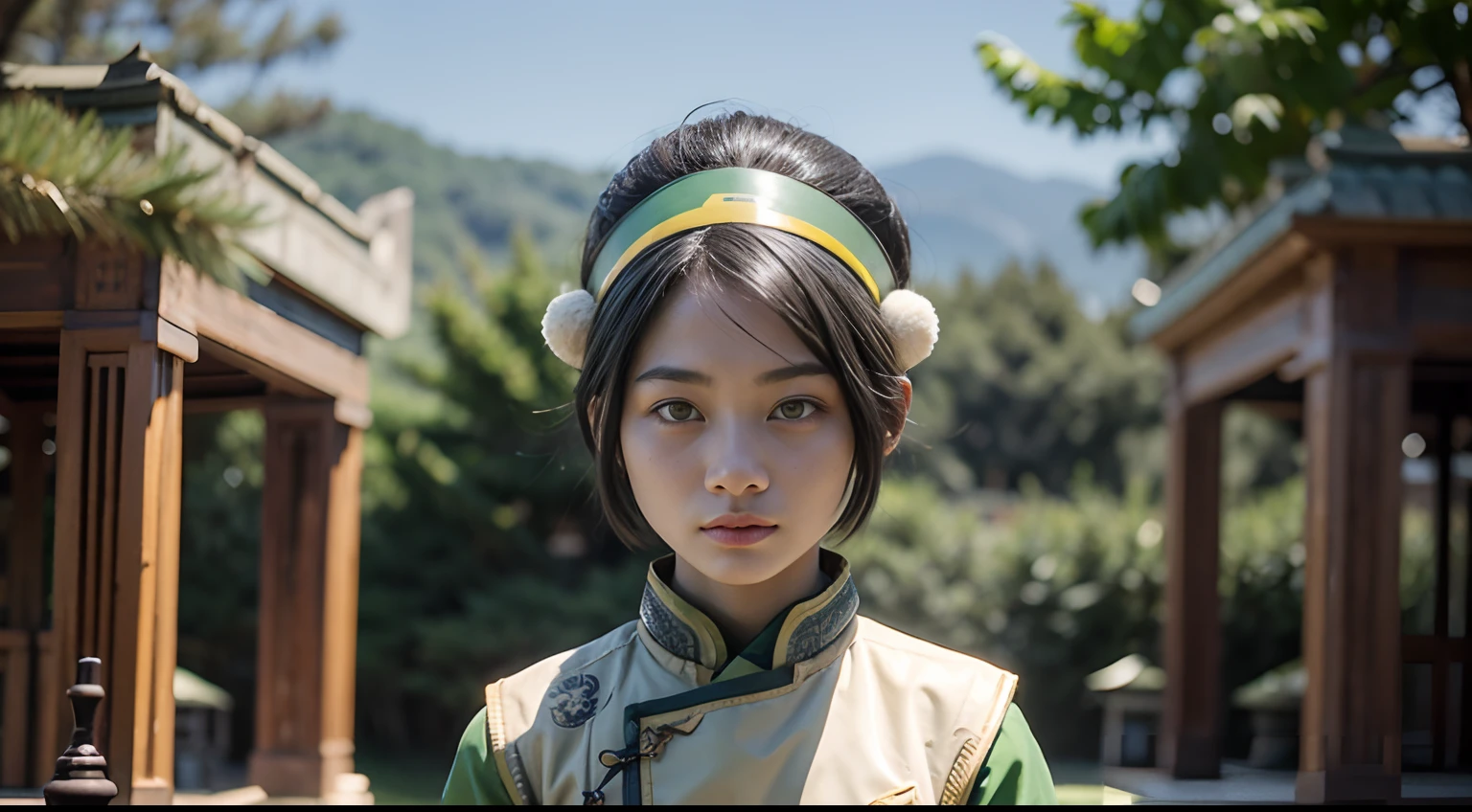 toph beifong, short hair, hair bun, hairband, grey eyes, chinese clothes, 12 years old, beauty, extremely beautiful face, exquisite face, solo, 1 girl