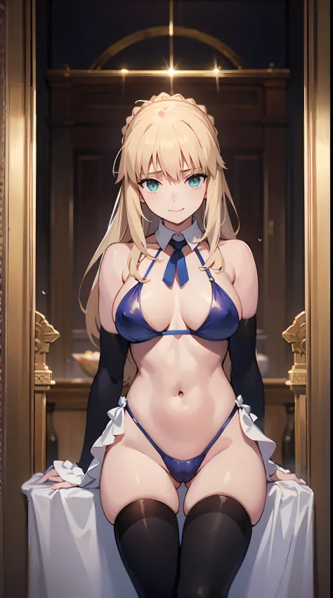NSFW、（masutepiece、of the highest quality、Best Quality、Official art、Beautiful CG,）artoria、Colossal tits、Photorealsitic、（Rolling eyes:1.5）、masturbation、Smile embarrassedly、Heart symbol in the eye、NSFW、Vegas Casinos、Slingshot swimsuit、Navel costume、neck tie、t...