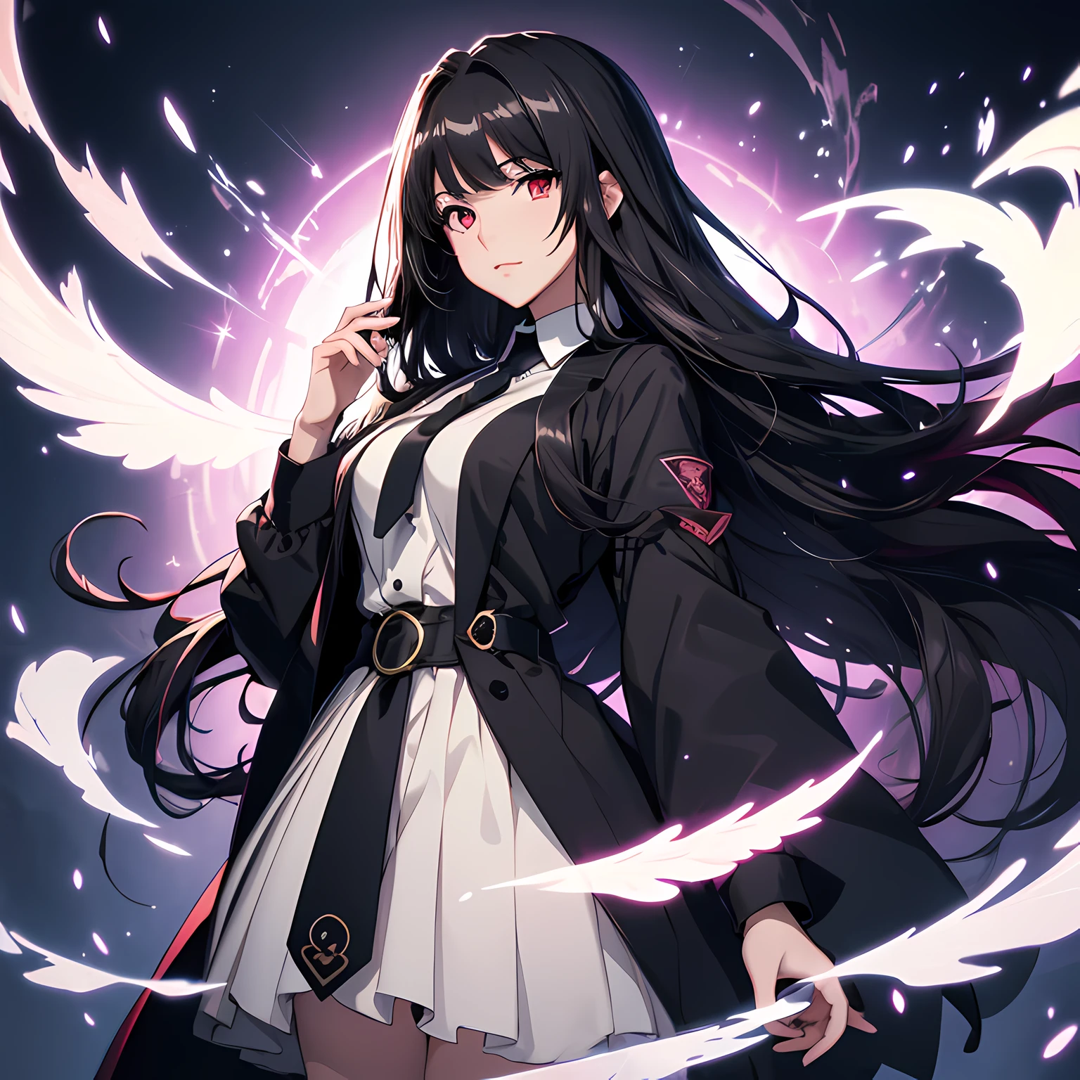 (ultra-detailed, perfect pixel, highrest, best quality), 20 years old Anime girl, smooth anime artstyle, long raven hair, slightly wavy hair, parted bangs, black hair, gradient hair color, Magus, red eyes, detailed eyes, beautiful eyes, long black coat, white shirt, ((neckwear, long tie)), black skirt, aristocrat, noble attire, beautiful, ethereal, elegant, prestigious, dark forest background, particle effect, smoke effect, fire flame, lightning, magic light, standing, looking at viewer