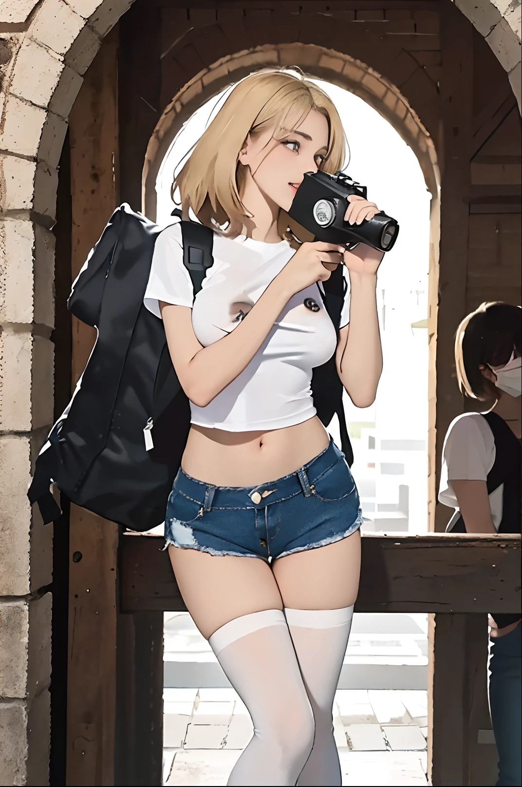 Anime girl with camera taking picture of another girl in a doorway - SeaArt  AI