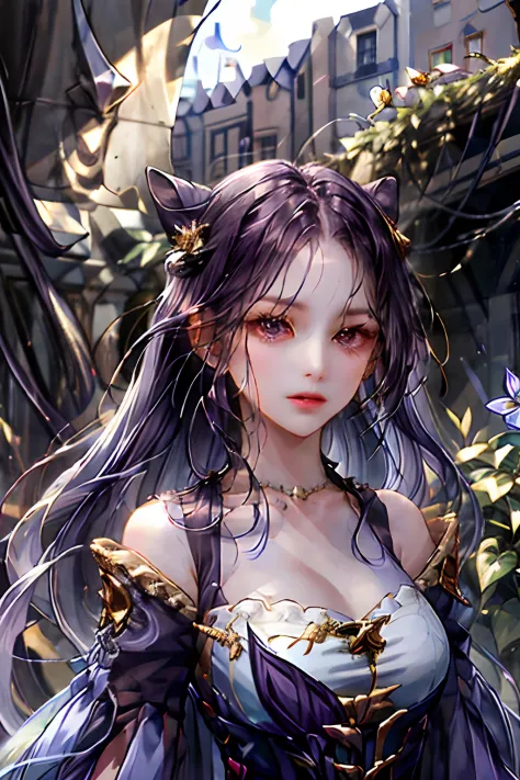 (absurdres, highres, ultra detailed), 1girl, solo, mature, (very purple hair, purple hair), Baroque, Necklace, long dress, long ...