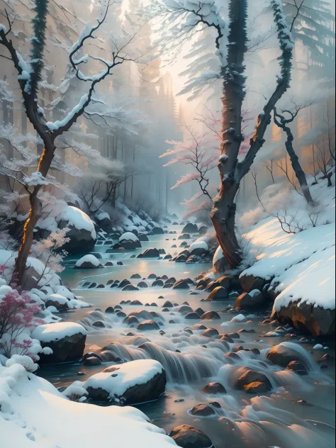 (Best quality, photo-realistic:1.2), Nature,lindo cenario，Beautiful scenery， Melt snow and ice, （Mountain streams and flowing wa...