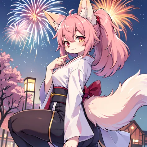 absurd, furry, female furry, a girl, full body, けもの, fox tail(dark pink tail.), fox's ears(dark pink ears.), skin hair(dark pink...