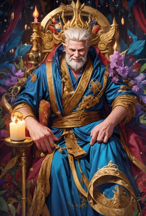 (best quality,realistic:1.37),dressed in a luxurious velvet robe,ornate golden staff,mischievous smile,hint of wisdom in his eye...