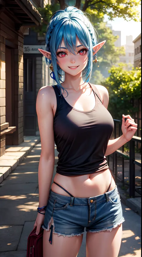 Young Elf Female, Blue Hair, Red Eye, Tree Earring, Sweaty Tank Top, Golden City Theme, Happy Emotion mood, Cute Smile, 3D, Realistic, HDR, HD, Background, RTX, 2K, Masterpiece.