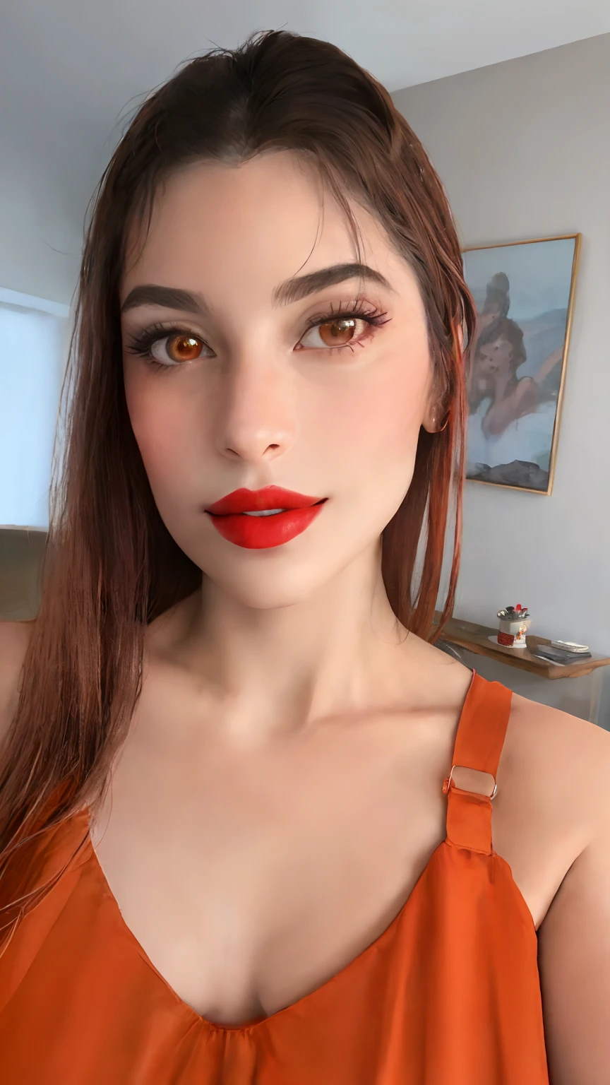 A woman with long hair wearing an orange top and red lipstick - SeaArt AI