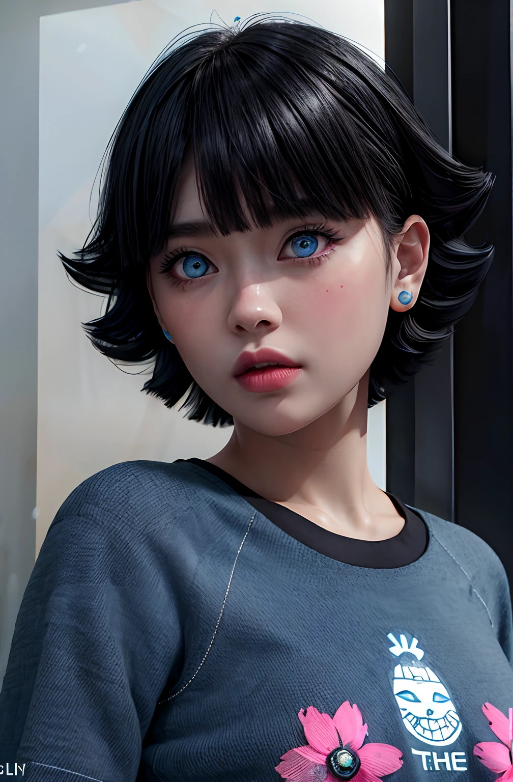 The Masterpiece、(photorealestic:1.4)、best qulaity、beautiful  lighting、(ulzzang-6500:0.5)、uszumaki himawari \(chainsawman\)、(Bob hair)+(blackhair)+(bangs)、blue eye、blue eye、((Ring-shaped eyes))、(Floral clothing)、RAW Photography、8k UHD、film grains , cute girl ,face teen , realistic ,best quality pro , high detail photos ,mixs Lux , sombere , cayberpunk outfit realistic , raider