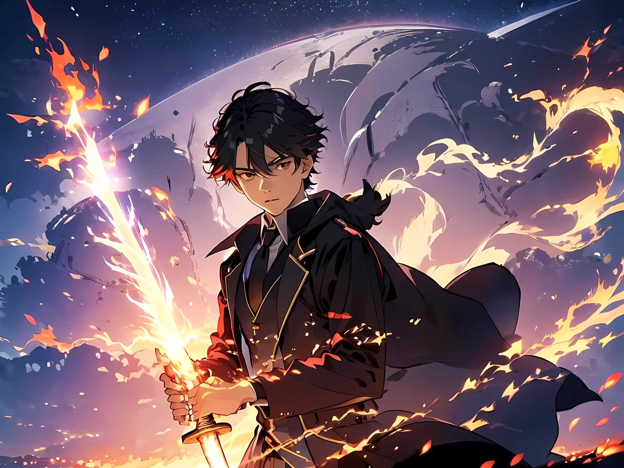 (ultra-detailed, perfect pixel, highres, best quality, beautiful eyes finely detailed), 19 years old anime boy, short raven hair, wavy hair, parted bangs, gray hair, gradient hair color, he holding a magical sword with flame coming out from it, magus, red eyes, long black coat, black shirt, ((neckwear, long tie)), black skirt, aristocrat, noble attire, beautiful, ethereal, elegant, prestigious, there is lightning and fire swirling around his body, realistic fire, the background is full of magical particles and realistic blue fire. Ray tracing.