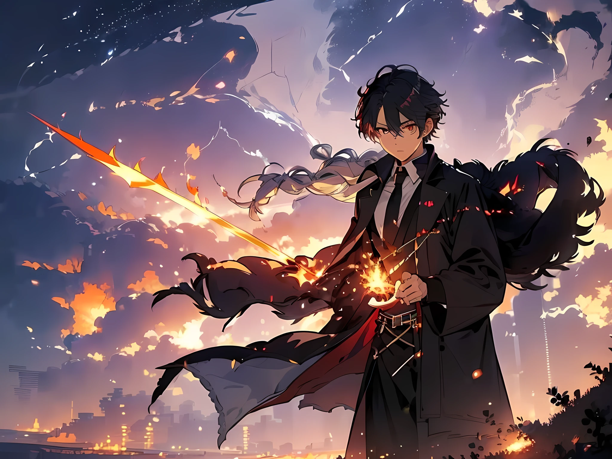 (ultra-detailed, perfect pixel, highres, best quality, beautiful eyes finely detailed), 19 years old anime boy, short raven hair, wavy hair, parted bangs, gray hair, gradient hair color, he holding a magical sword with flame coming out from it, magus, red eyes, long black coat, black shirt, ((neckwear, long tie)), black skirt, aristocrat, noble attire, beautiful, ethereal, elegant, prestigious, there is lightning and fire swirling around his body, realistic fire, the background is full of magical particles and realistic blue fire. Ray tracing.