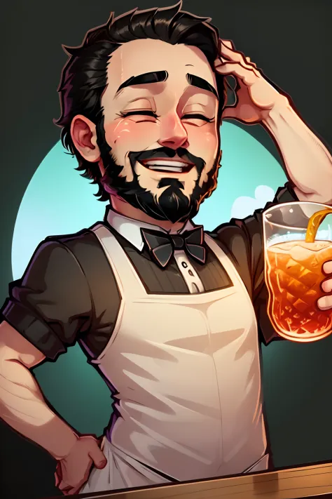 a stickers man who is a bartender. black short hair and beard . He has a friendly face and wears a bartender's uniform, complete with apron and bow tie,big laughing with eyes closed, represented with vibrant colors , big eyes and a welcoming appearance. ch...