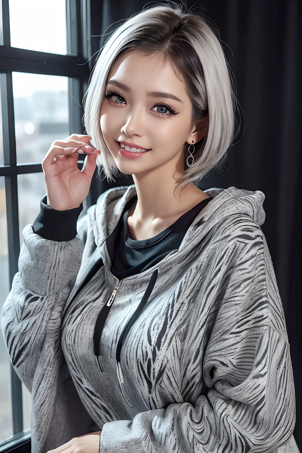 Masterpiece, 8K, award-winning photos, photorealistic, realistic, ultra detailed, ultra high definition, ray tracung, 
_
the most beautiful, 22 years old ,(sexy,Japanese idol, gray hair, short hair),shiny skin , detailed skin , detailed face , detailed eyes ,
_
cleavage showing, 
_
BREAK (droopy eyes, Natural makeup,smile, glistening teeth1.2),light color medium breasts, 
_
glowing blue eyes, tan skin,
_
BREAK (black and White theme:1.4), (wear a (oversize, big size, black sweat long sweatshirt,long sweat:1.3),(zipper dress), (on Geometric patterns print:1.2), over a black tank top),(silver necklace,silver earring),
_
Inorganic concrete studio with windows, highly detailed background, , ultra-realistic textures, dramatic lighting ,raw photo, 1girl,
_(full body,from below), looking at viewer,