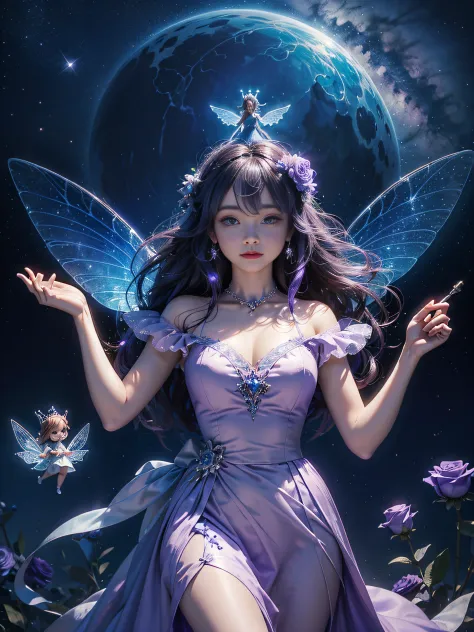 cute fairy tale fairy floating in airy purple blue rose dress holding magic wand in front of starry sky, very fine details 3d effect PIXAR movie style