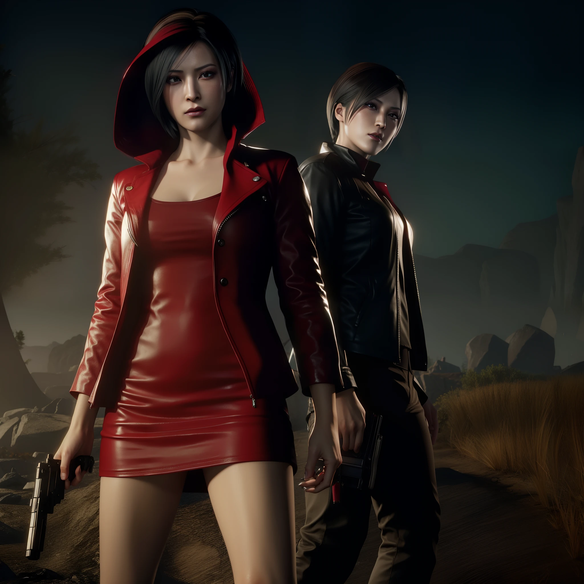 HD, ada wong, beautiful face, bob hair, red coat with black nail polish,  sad face, glare