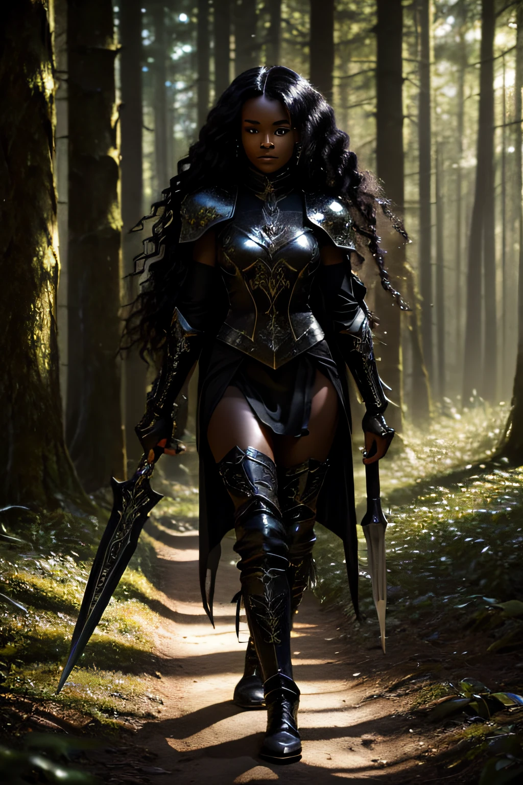 20-летняя чернокожая девушка невысокого роста., светлая кожа, волшебная аура, окружающая ее, она в таинственном темном лесу, сумерки, длинные черные волнистые волосы, сапоги, носить кожаные доспехи, владеющие кинжалами, Фэнтези-арт, богатый, Глубокие цвета, (сложные детали:0.9), (HDR, Гипердетализация:1.2), (естественные текстуры кожи, гиперреалистичный, Мягкий свет, острый),