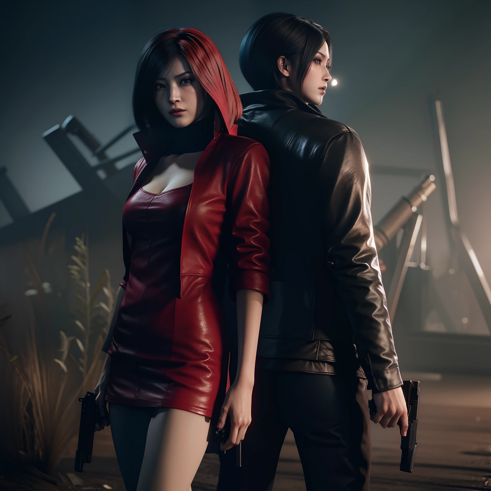 HD, ada wong, beautiful face, bob hair, red coat with black nail polish,  sad face, glare, holding a gun