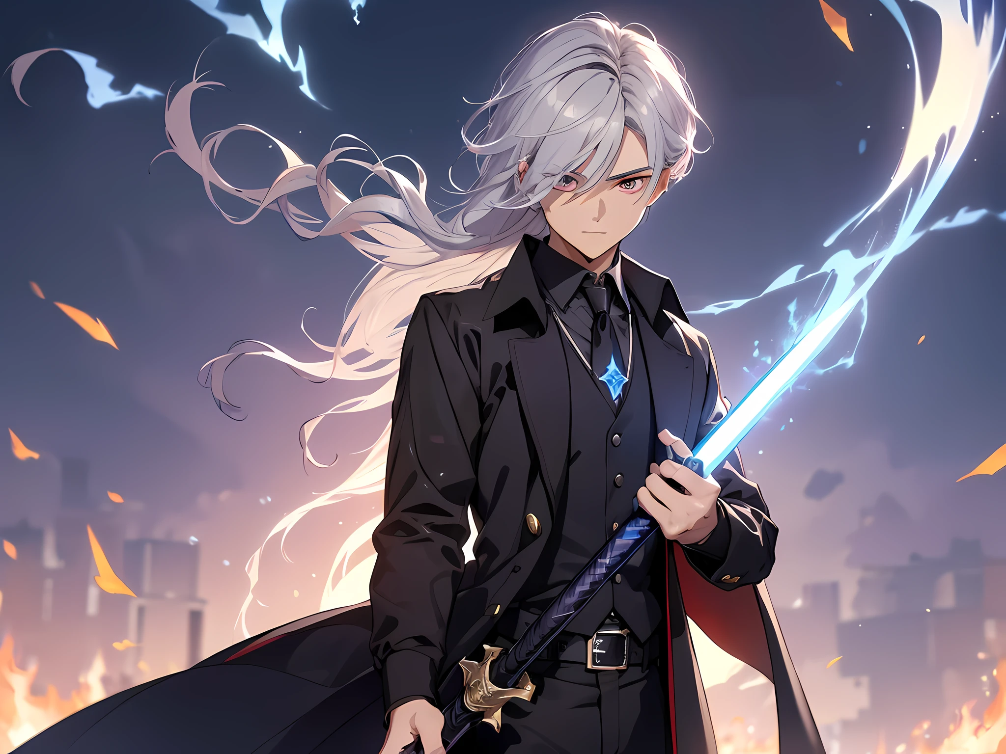 (ultra-detailed, perfect pixel, highres, best quality, beautiful eyes finely detailed), 19 years old anime boy, short raven hair, wavy hair, parted bangs, gray hair, gradient hair color, there is many blue lightning swirling around his body, showing his over power aura, dangerous, he holding a magical sword, magus, red eyes, long black coat, black shirt, ((neckwear, long tie)), black skirt, aristocrat, noble attire, beautiful, ethereal, elegant, prestigious, realistic fire, the background is full of magical particles and realistic blue fire. Ray tracing.