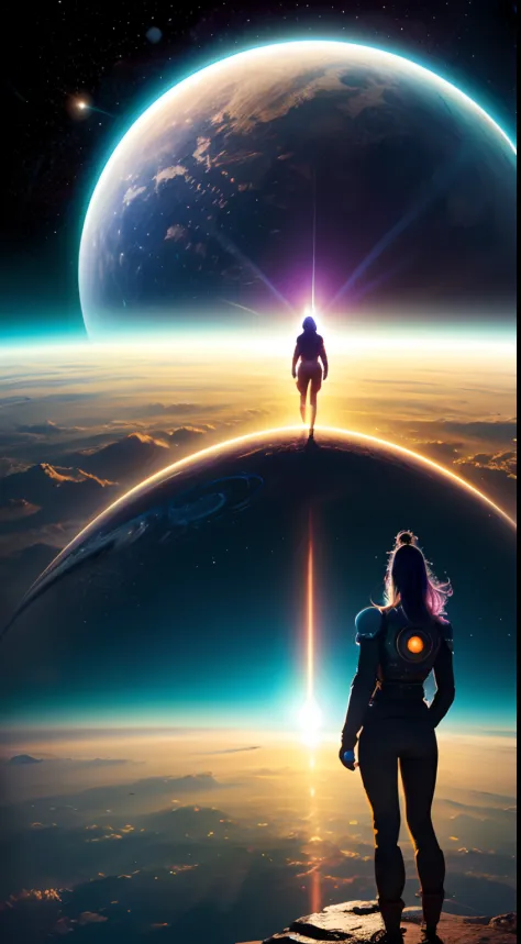 There is a woman standing in front of a picture of a planet, futuristic city in background, psytrance artwork, Interconnected human life forms, Panoramic view of the girl, progressive rock album cover, Endless dreams, stardust, Galaxy, Stoner Rock - AR 16:...