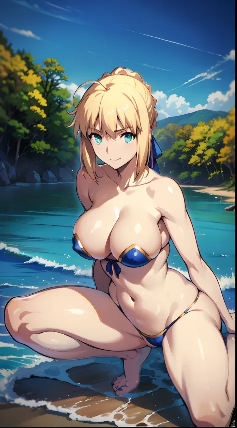 nsfw（Best Quality, masutepiece, 超A high resolution,Photorealsitic、Official art,top-quality、Beautiful CG,）, Sunny Beach、artoria、Eye Highlight、NSFW,maikurobikini、Colossal tits、Erotic body、kindly smile、Smile embarrassedly、Sleeveless、Chignon Hairstyles、