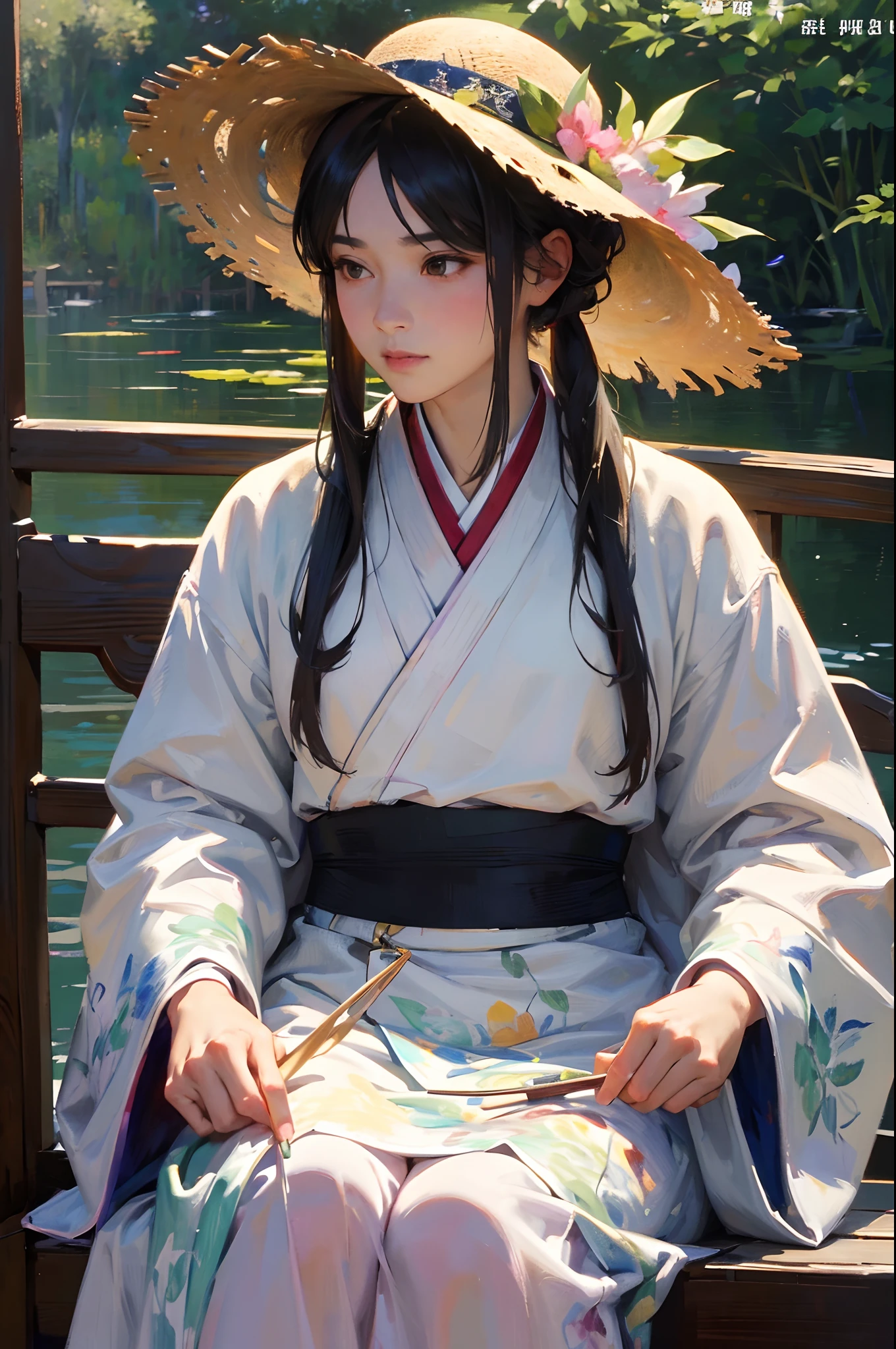 （32k ULTRAHD, Best quality, Masterpiece, ）Man in a straw hat sitting on a boat, Hanfu, Chinese style, White Hanfu, Inspired by Bian Shoumin, inspired by Liu Jun, with acient chinese clothes, inspired by Huang Gongwang, inspired by Gu An, inspired by Chen Daofu, Inspired by Xiao Yuncong, inspired by Wu Bin，Super detail, High details，Correct anatomy，Ultra photo realsisim, fearsome, epic realistic, Faded, ((com cores neutras)), (hdr:1.5), (pastel colour:1.2), ultra - detailed, (Art Station:1.5), Cinematic, warm lights, Light effect, Dramaticlight, (Intricate details:1.1), the complex background, Rich gradients, Extreme colors, extreme hight detail, Clear light perception, Break，(Monet, Impresionismo, Oil painting), A02,,，