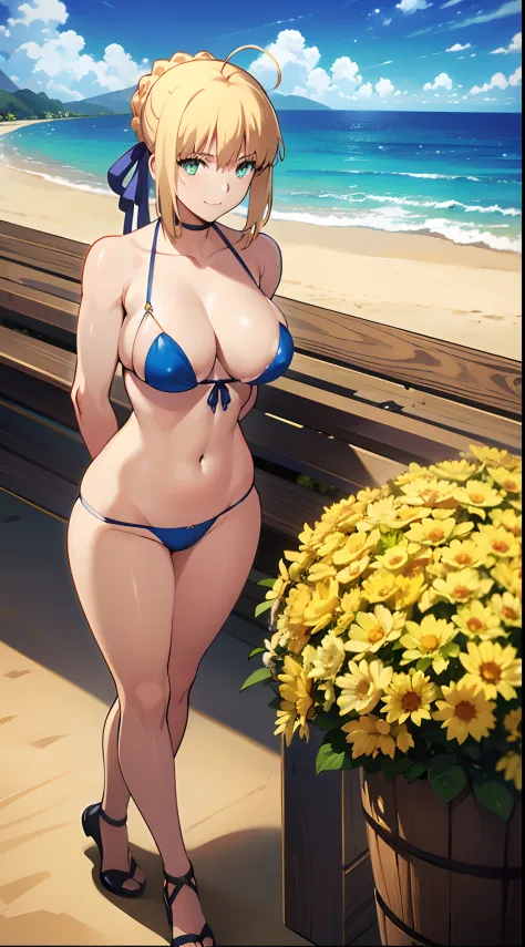 NSFW、（Best Quality, masutepiece, 超A high resolution,Photorealsitic、Official art,top-quality、Beautiful CG,）, Sunny Beach、artoria、Eye Highlight、NSFW,maikurobikini、Colossal tits、kindly smile、Smile embarrassedly、Sleeveless、Chignon Hairstyles、
