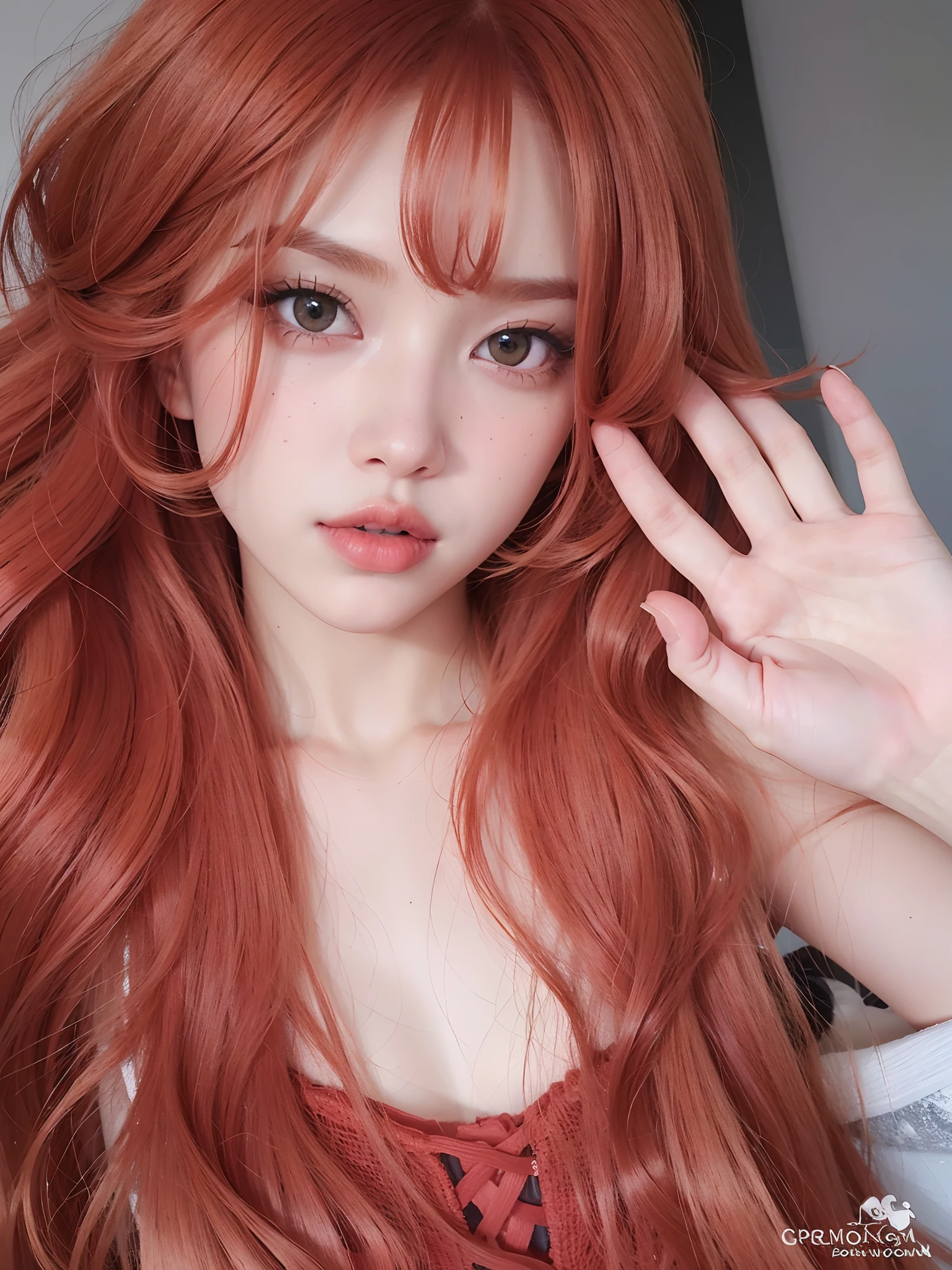 A closeup of a woman with long red hair and a bra, flowing ginger hair, ginger wavy hair, orange skin and long fiery hair, long wavy orange hair, ginger  hair, orange flowing hair, glowing orange hair, long orange hair, wavy big red hair, long ginger hair, orange hair, curly copper colored hair, ginger  hair selvagem, medium long wavy ginger hair, casual wear
