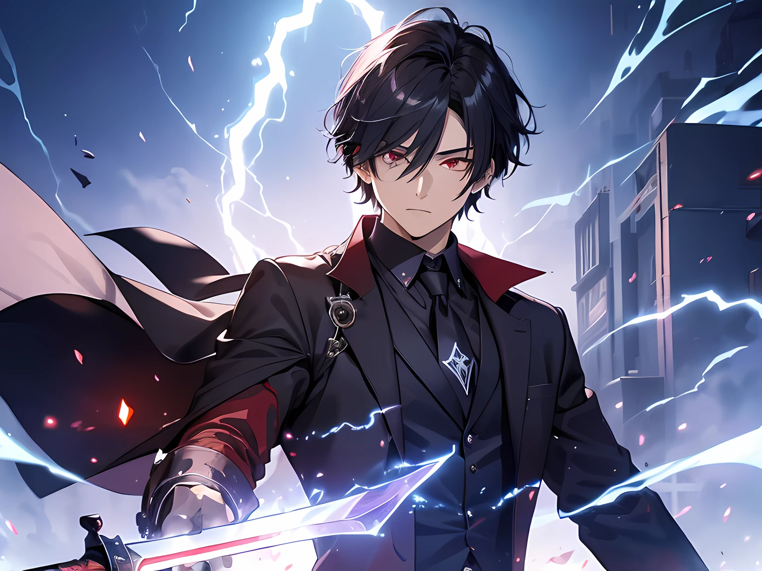 (ultra-detailed, perfect pixel, highres, best quality, beautiful eyes finely detailed), 19 years old anime boy, short raven hair, wavy hair, parted bangs, gray hair, gradient hair color, there is many blue lightning swirling around his body (transparent), showing his over power aura (dangerous and terry aura), dangerous, he holding a magical sword, magus, red eyes, long black coat, black shirt, ((neckwear, long tie)), black skirt, aristocrat, noble attire, beautiful, ethereal, elegant, prestigious, realistic fire, the background is full of magical particles and realistic blue fire. Ray tracing.