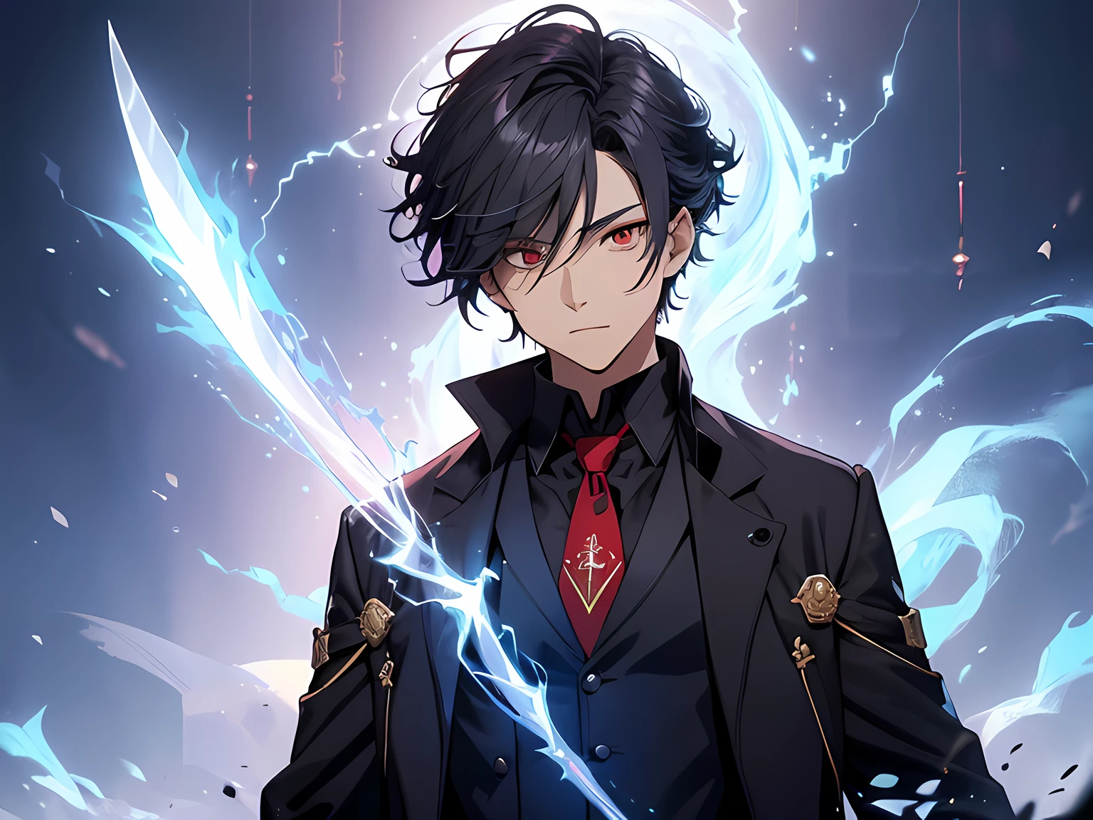 (ultra-detailed, perfect pixel, highres, best quality, beautiful eyes finely detailed), 19 years old anime boy, short raven hair, wavy hair, parted bangs, gray hair, gradient hair color, there is many blue lightning swirling around his body (transparent), showing his over power aura (dangerous and terry aura), dangerous, he holding a magical sword, magus, red eyes, long black coat, black shirt, ((neckwear, long tie)), black skirt, aristocrat, noble attire, beautiful, ethereal, elegant, prestigious, realistic fire, the background is full of magical particles and realistic blue fire. Ray tracing.