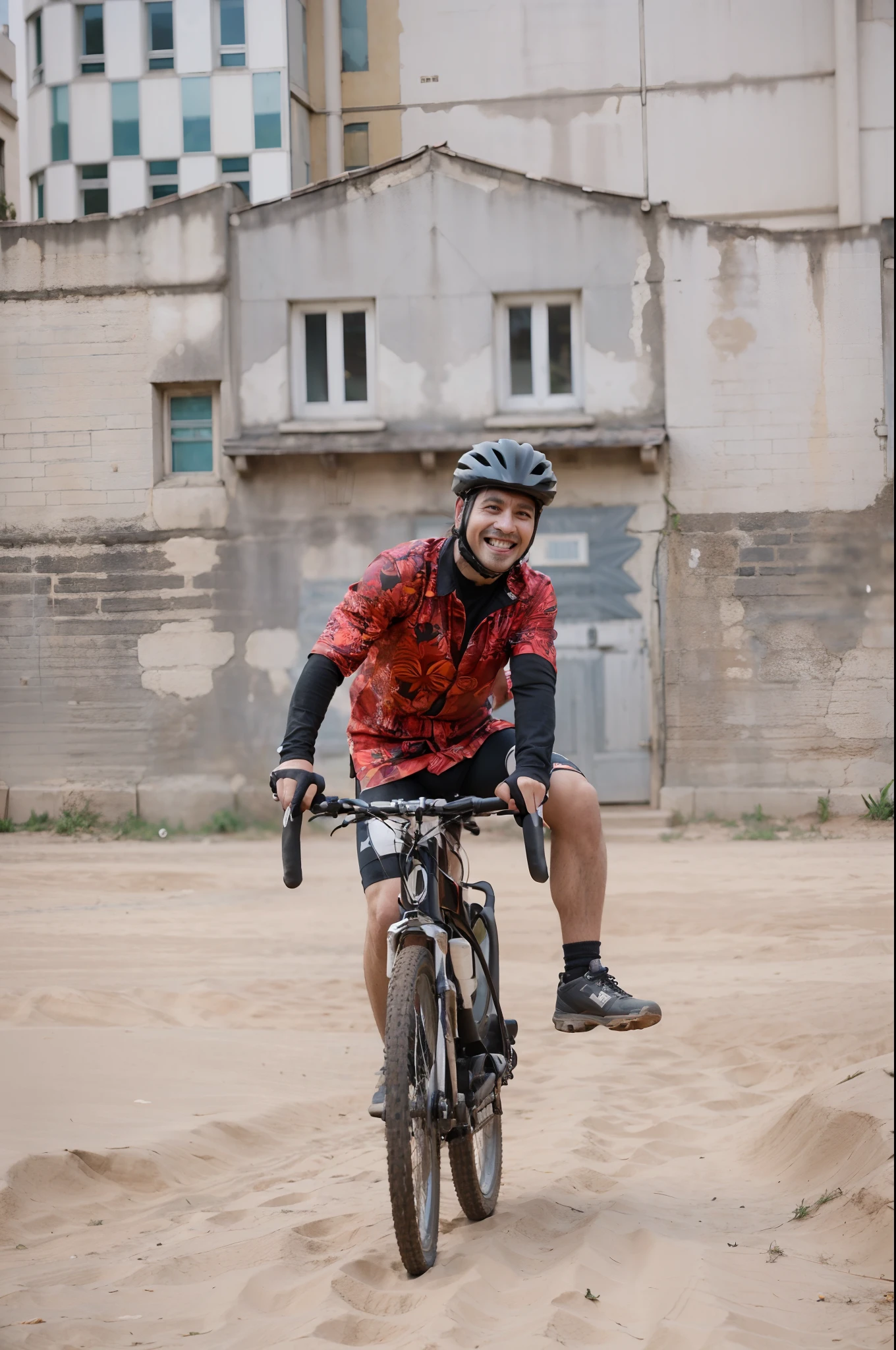 there is a man riding a bike on a dirt road, with a happy expression, mid shot portrait, cycling!!, intense details, by Emma Andijewska, face shot, biker, frontshot, looking happy, mid shot, good face, portrait!!, shot on sony a 7 iii, triumphant, big smirk, picture of a male biker, front on