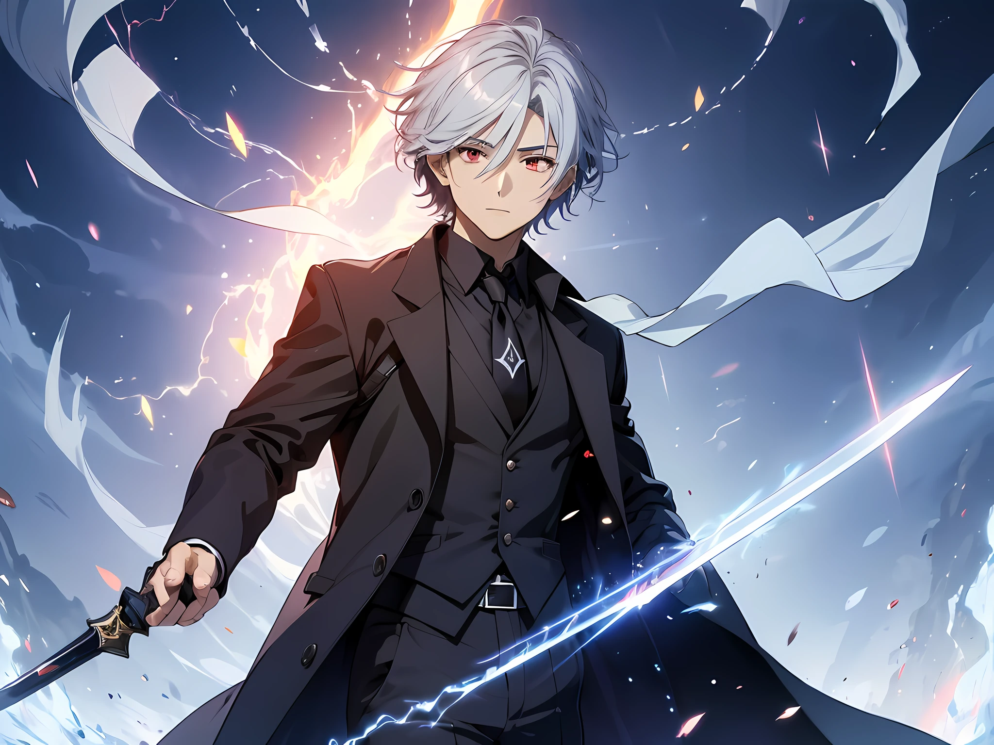 (ultra-detailed, perfect pixel, highres, best quality, beautiful eyes finely detailed), 19 years old anime boy, short raven hair, wavy hair, parted bangs, gray hair, gradient hair color, there is many blue lightning swirling around his body (transparent:0.7), showing his over power aura (dangerous and terry aura), dangerous, he holding a magical sword, magus, red eyes, long black coat, black shirt, ((neckwear, long tie)), black skirt, aristocrat, noble attire, beautiful, ethereal, elegant, prestigious, realistic fire, the background is full of magical particles and realistic blue fire. lens flare, glowing light, reflection light, motion blur, 8k, super detail, ccurate, best quality, Ray tracing.