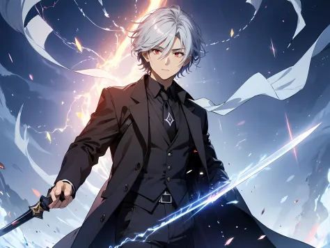 (ultra-detailed, perfect pixel, highres, best quality, beautiful eyes finely detailed), 19 years old anime boy, short raven hair, wavy hair, parted bangs, gray hair, gradient hair color, there is many blue lightning swirling around his body (transparent:0....